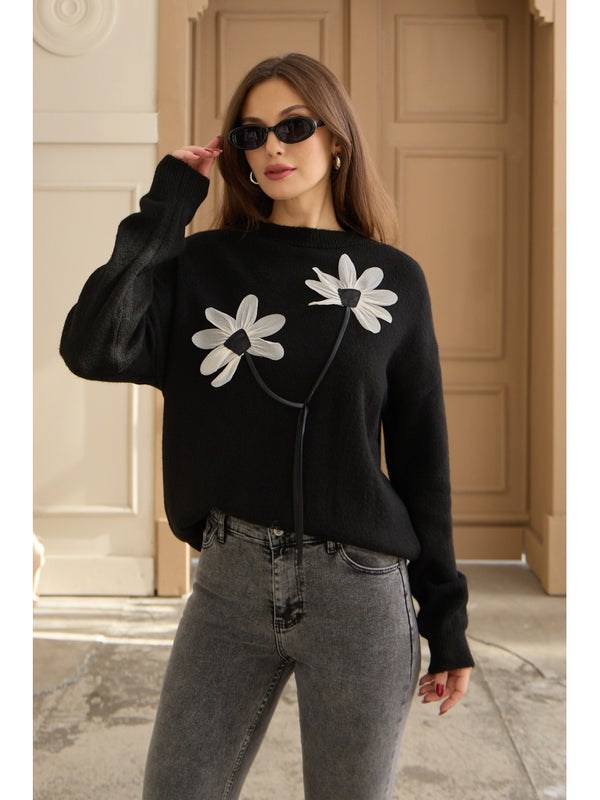 Siyah Keten Çiçekli Oversize Kazak