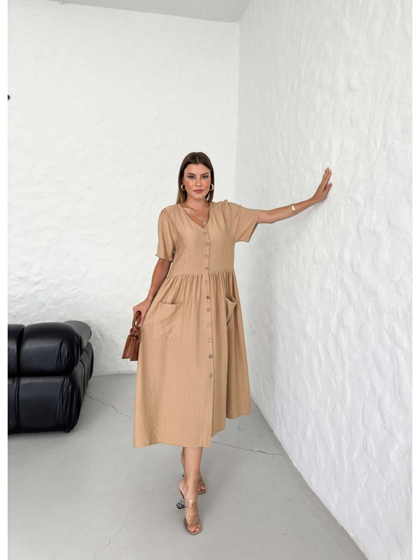 Camel Eteği Cepli Keten Elbise