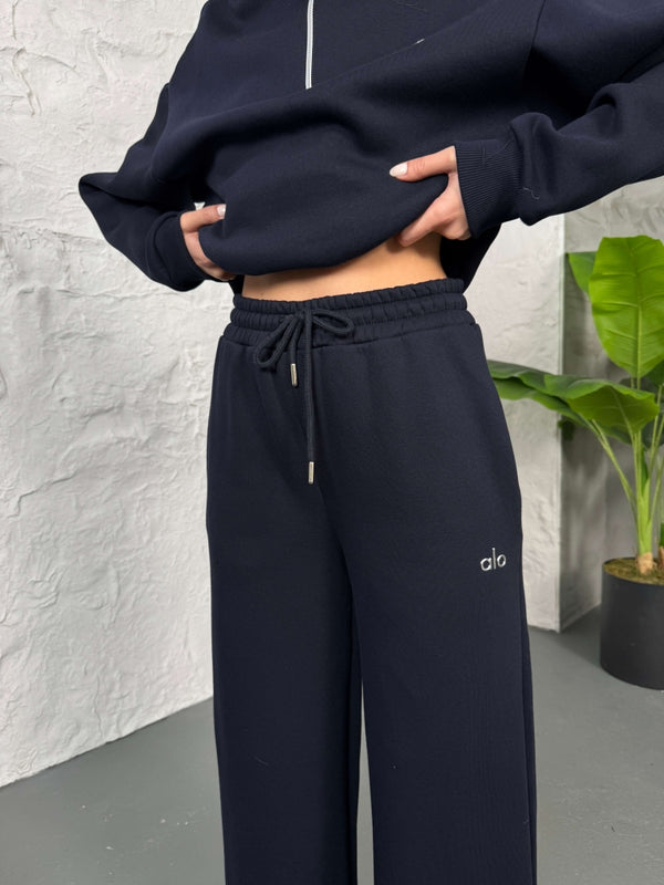 Lacivert Yarım Fermuarlı Şardonlu Sweat Takım 4028-Lacivert