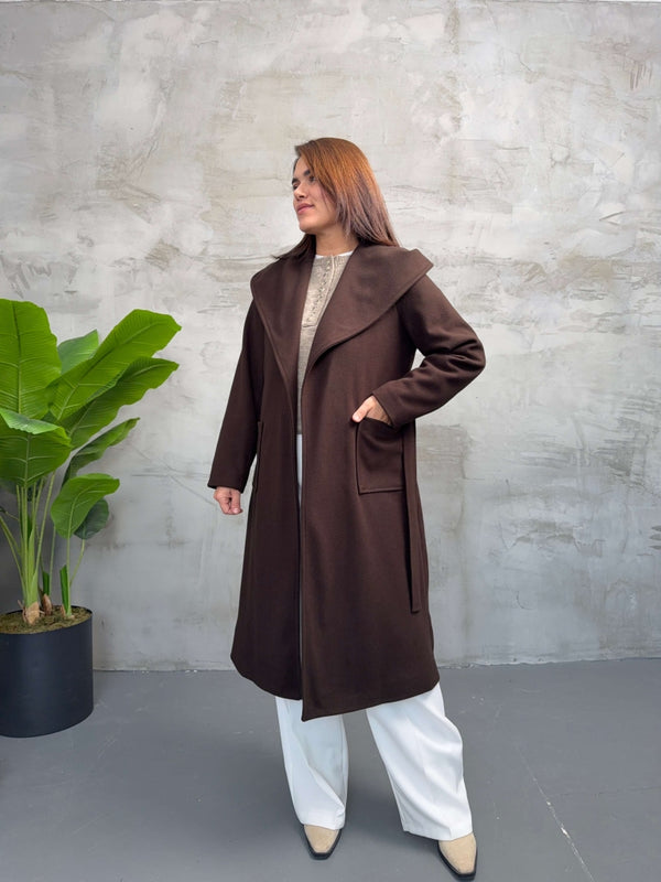 Kahverengi Kapşonlu Kaşe Kaban 2610-Kahverengi