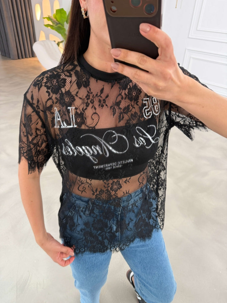 Siyah Baskılı Dantel Tshirt 1098-Siyah