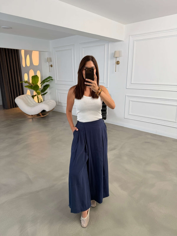 Lacivert Beli Pilili Tencel Pantolon 51204-Lacivert