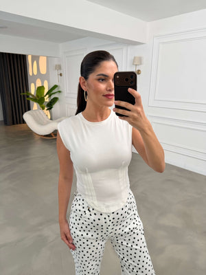 Beyaz Beli Pile Detay Tshirt 2532-Beyaz