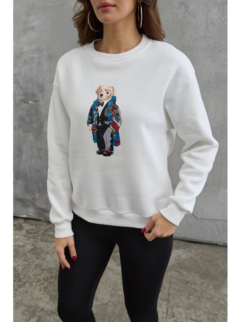 Beyaz Teddy Baskılı Şardonlu Sweat