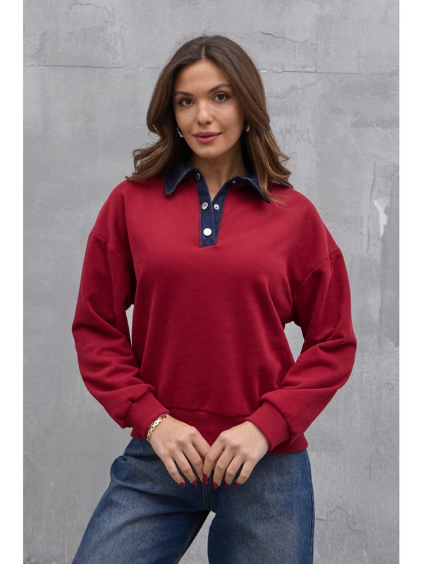 Bordo Denim Yaka Tasarım Sweat