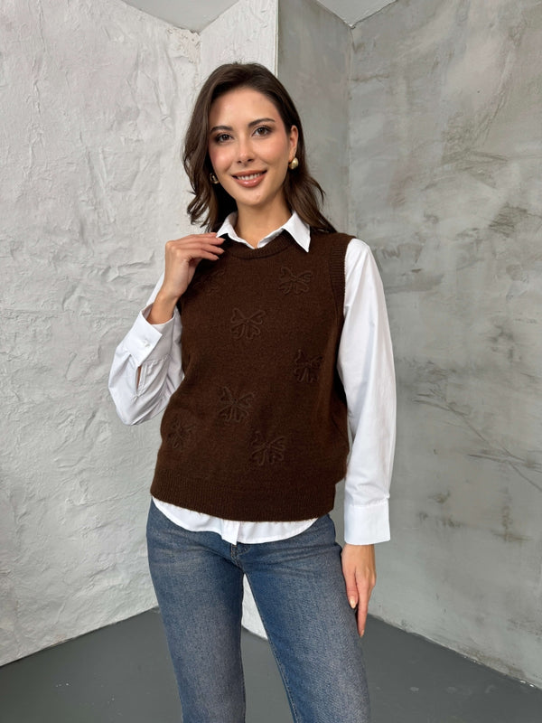 Acı Kahve Serpme Fiyonk Detaylı Süveter EY2440-Acı Kahve