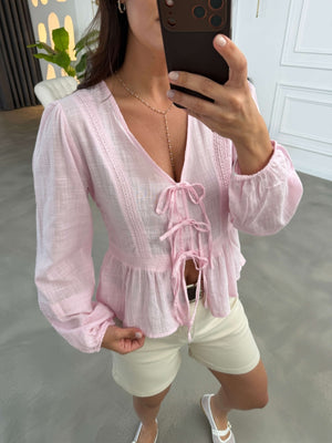Pembe Ön Bağlamalı Keten Bluz 1074-Pembe