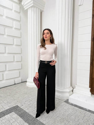 Siyah İnce Kemerli Bol Paça Pantolon 9150-Siyah