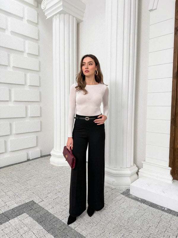 Siyah İnce Kemerli Bol Paça Pantolon 9150-Siyah