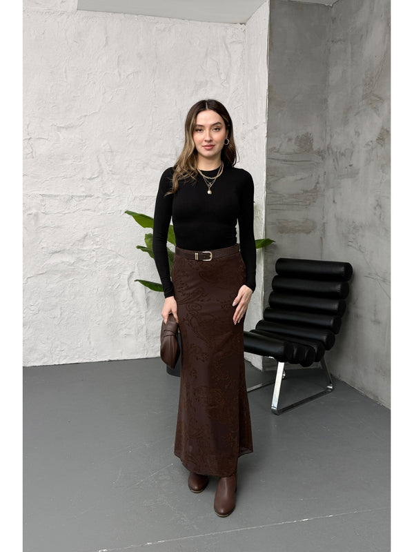 Kahverengi Kadife Desen Etek 251134-Kahverengi