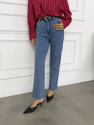 Koyu Mavi Kesik Paça Kemerli Jean 120-Koyu Mavi