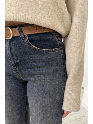 Kahve Yıkamalı Mavi Kesik Paça Kermerli Jean AK102-Mavi