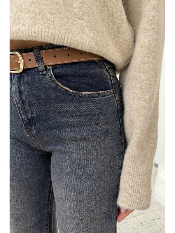 Kahve Yıkamalı Mavi Kesik Paça Kermerli Jean AK102-Mavi