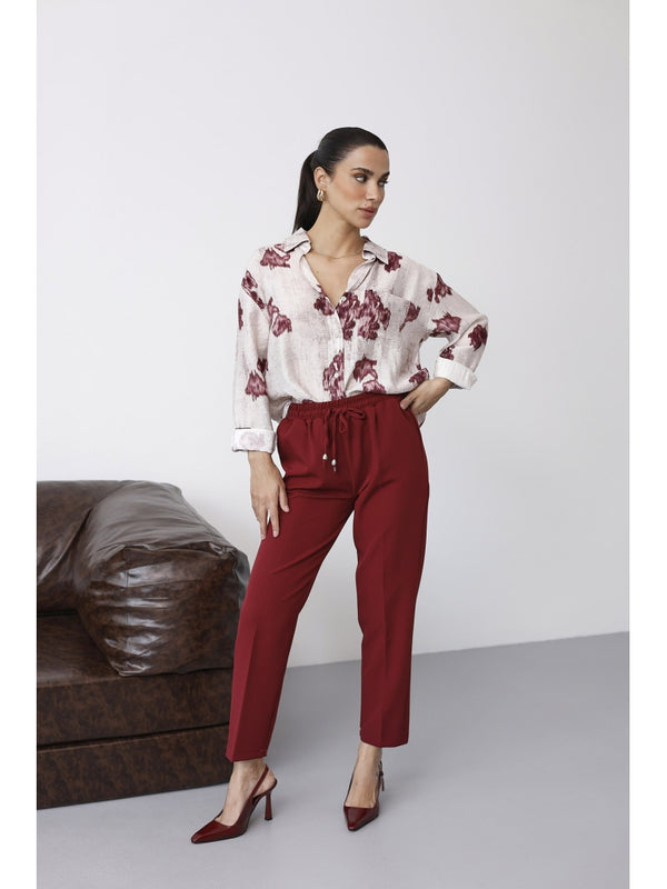 Bordo Bel Lastikli Havuç Pantolon 80178-Bordo