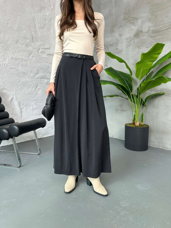 Siyah Beli Pilili Tencel Pantolon