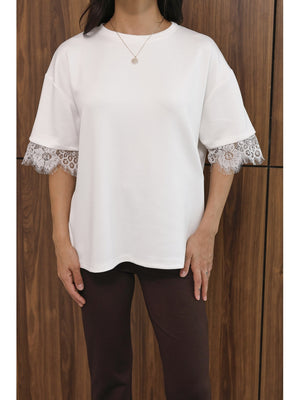 Beyaz Sırtı Dantelli Tshirt 1073-Beyaz