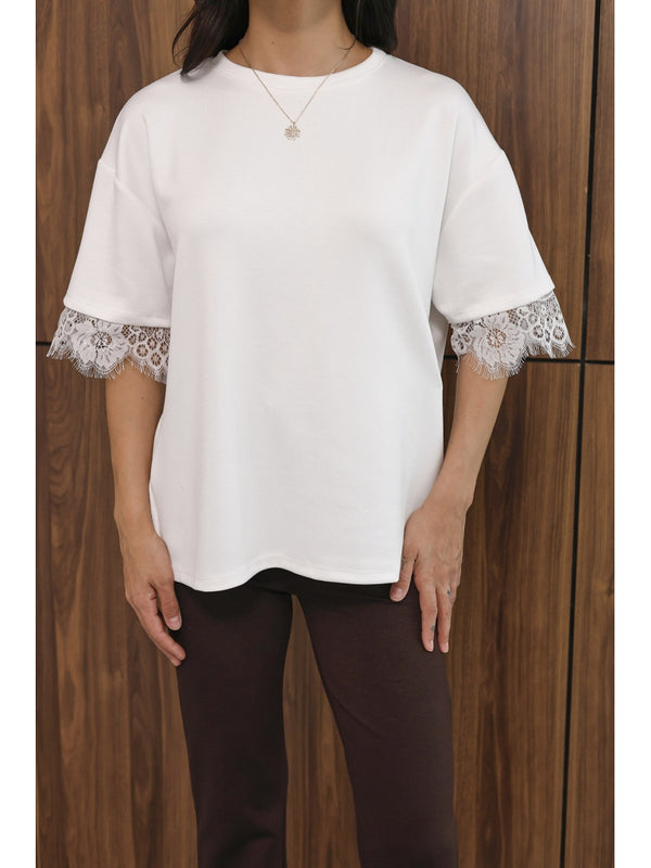 Beyaz Sırtı Dantelli Tshirt 1073-Beyaz
