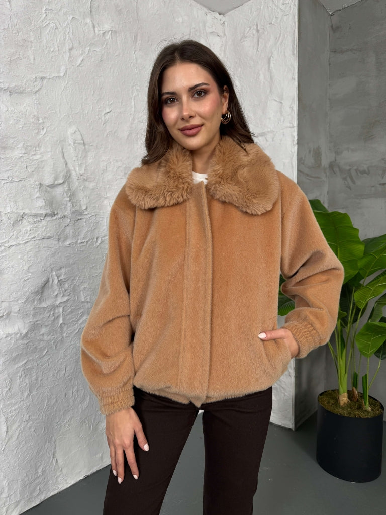 Premium Camel İİthal Kumaş Kürk Mont 70099-Camel