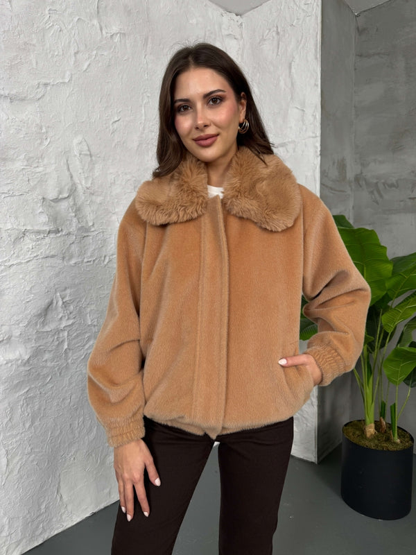 Premium Camel İİthal Kumaş Kürk Mont 70099-Camel