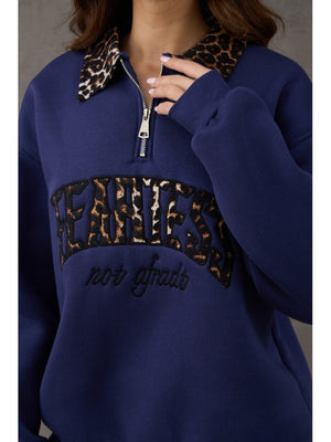 Lacivert Leopar Nakışlı Polo Yaka Sweat