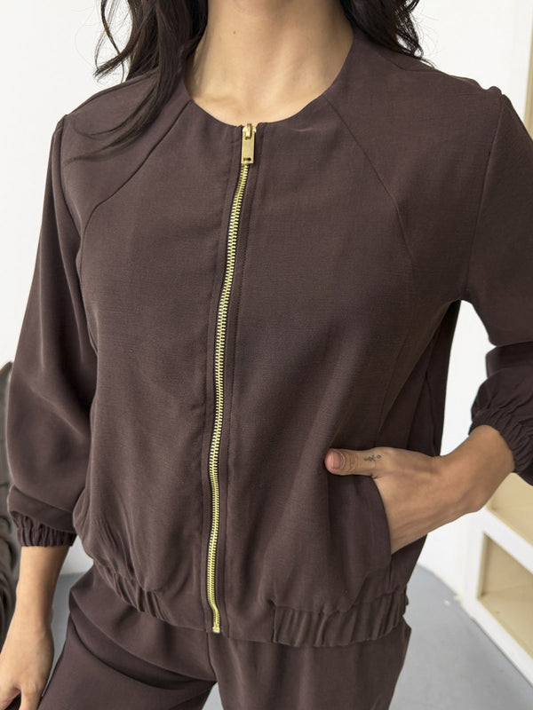 Kahverengi Boydan Fermuarlı Tencel Takım 7132-Kahverengi
