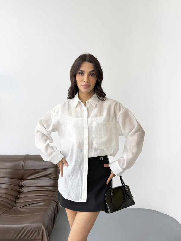 Beyaz Taş Baskılı Gömlek 8126-Beyaz