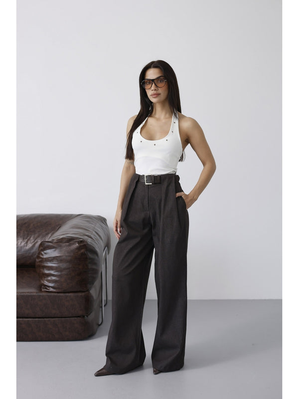 Kahverengi Belden Pileli Kemerli İnce Denim Pantolon 58479-Kahverengi