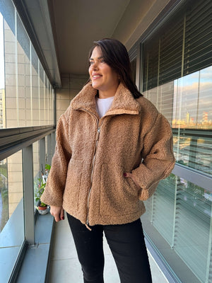 Camel Dik Yaka Fermuarlı Peluş Mont