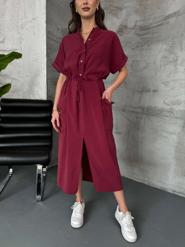 Bordo Kargo Cepli Tensel Elbise