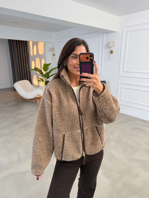 Kahverengi Ön Fermuarlı Peluş Sweat 22889-Kahverengi