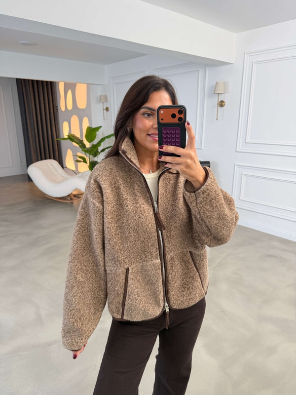 Kahverengi Ön Fermuarlı Peluş Sweat 22889-Kahverengi