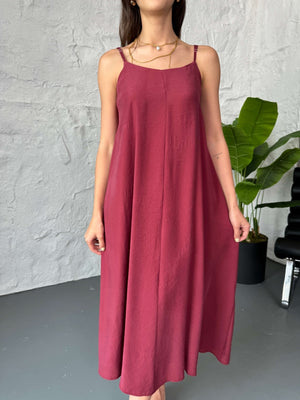 Bordo Kuşaklı İp Askılı Modal Elbise 35465-Bordo