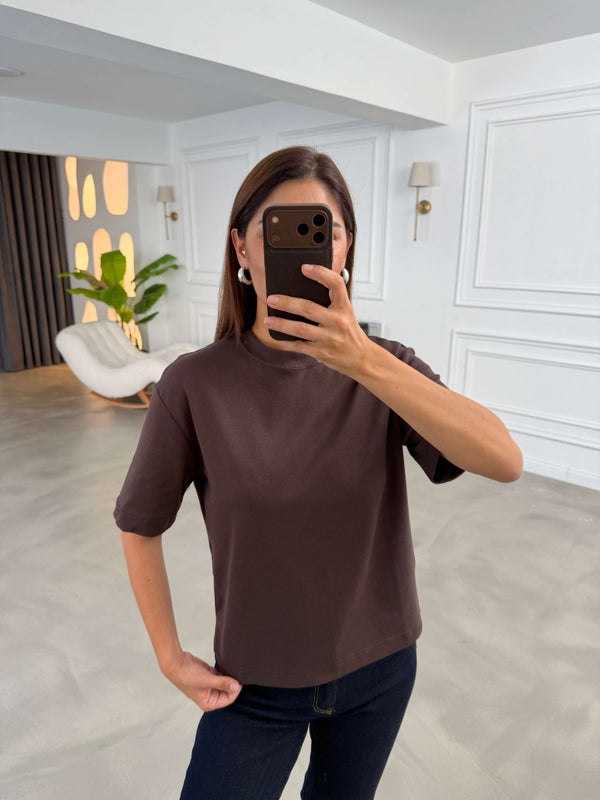 Kahverengi Bisiklet Yaka Basıc Tshirt 6597-Kahverengi