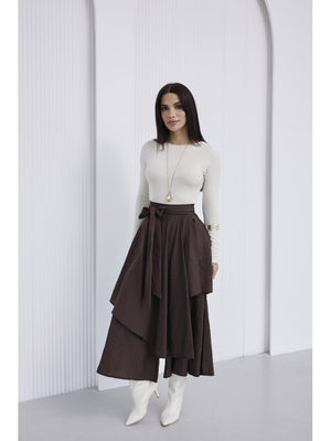 Kahve Bel Bağlamalı Etek Pantolon 0020-KAHVE