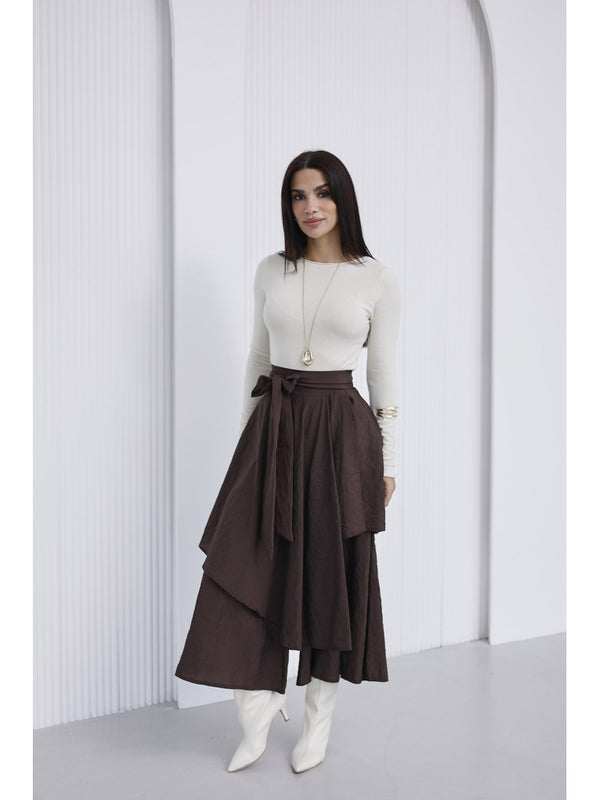 Kahve Bel Bağlamalı Etek Pantolon 0020-KAHVE