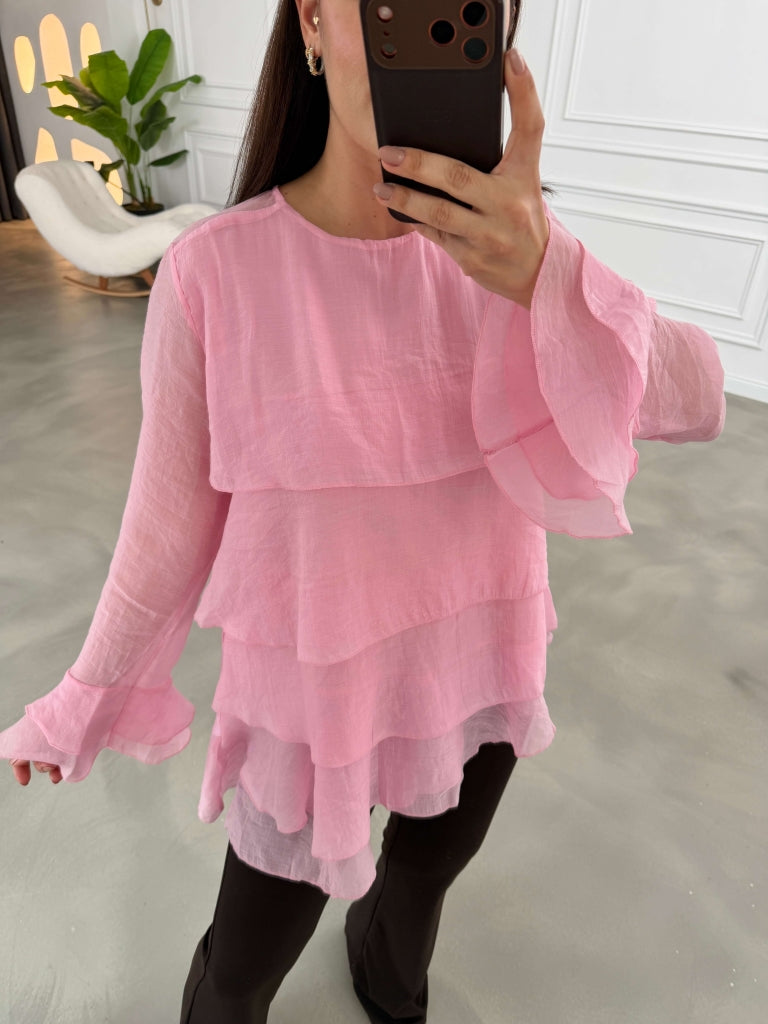 Pembe Fırfırlı Transparan Bluz 5049-Pembe