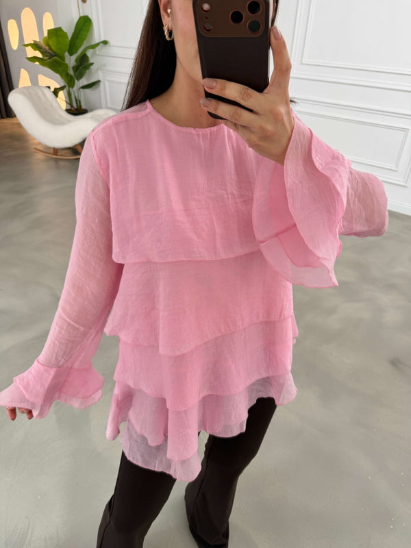 Pembe Fırfırlı Transparan Bluz 5049-Pembe