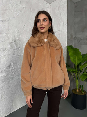 Premium Camel İİthal Kumaş Kürk Mont 70099-Camel