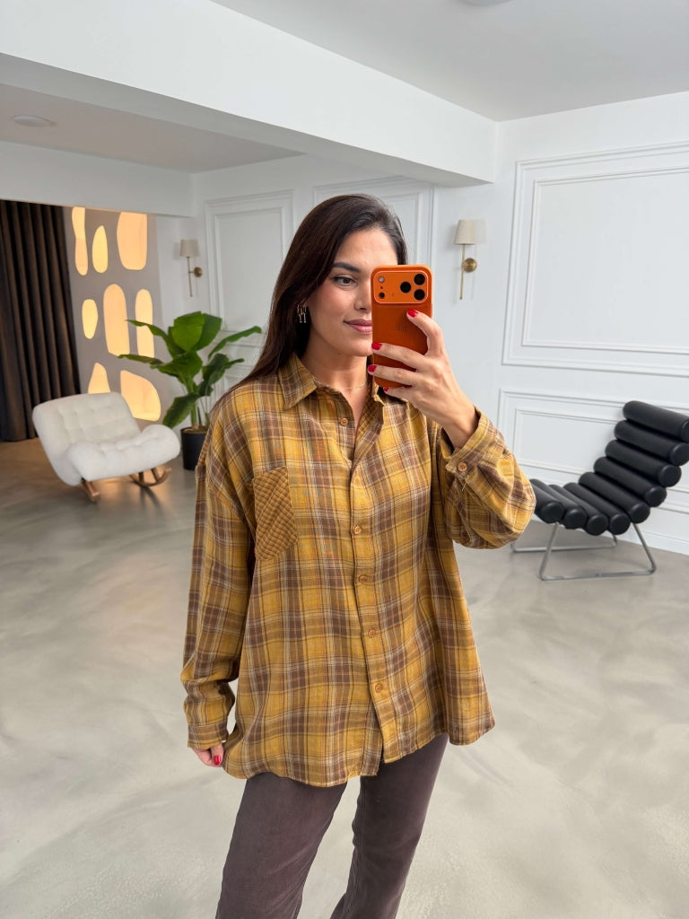 Açık Hardal Ekoseli Cepli Oversize Gömlek 5163-Açık Hardal