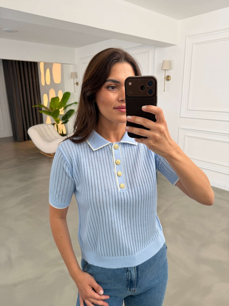 Mavi Ajurlu Gold Düğmeli İnce Triko Bluz 2771-Mavi