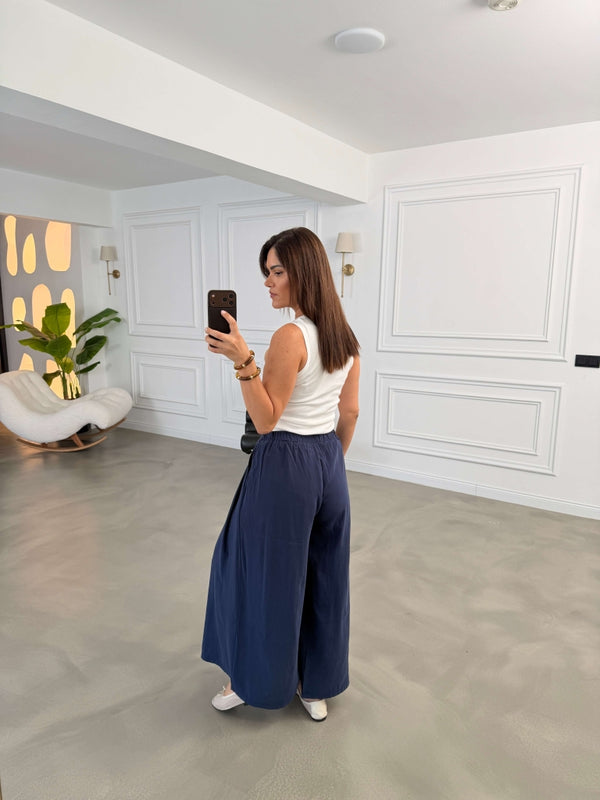 Lacivert Beli Pilili Tencel Pantolon 51204-Lacivert