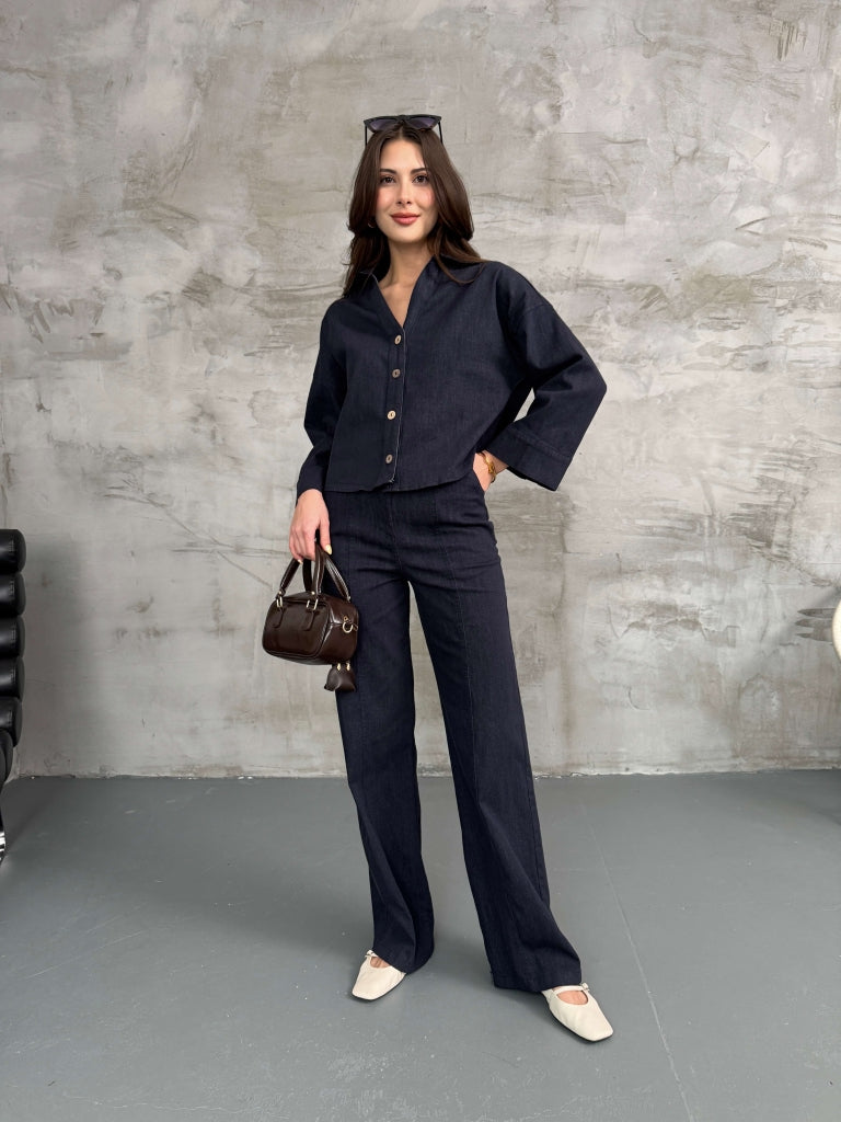 Lacivert Geniş Kol Denim Takım