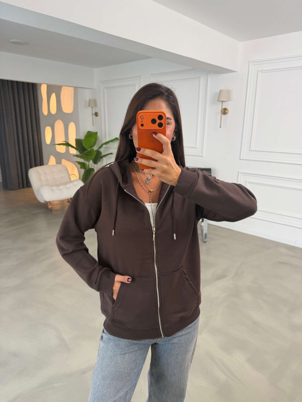 Kahverengi Kapüşonlu Fermuarlı Basic Sweatshirt 4321-Kahverengi