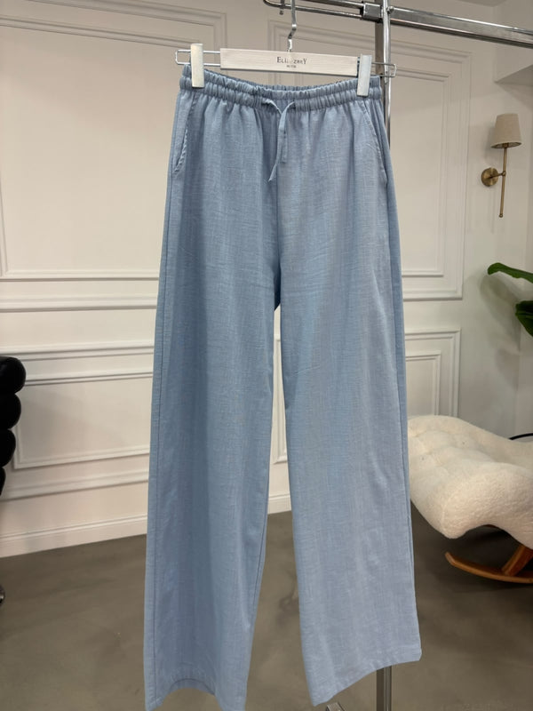 Mavi Beli Bağcıklı Keten Pantolon 7532-Mavi