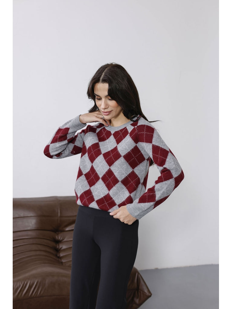 Bordo Baklava Desen Yumuşak Kazak 2319-Bordo