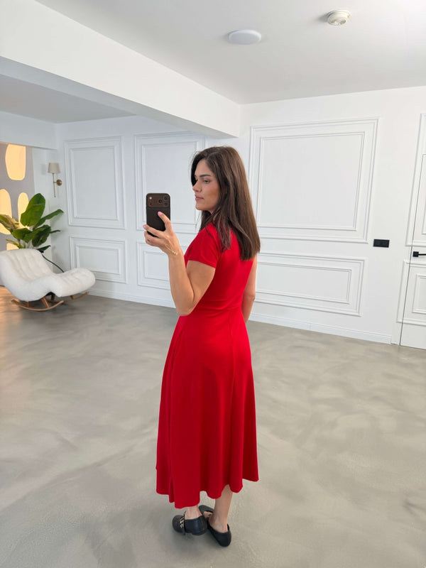 Kırmızı Polo Yaka Pensli Modal Elbise 4129-Kırmızı