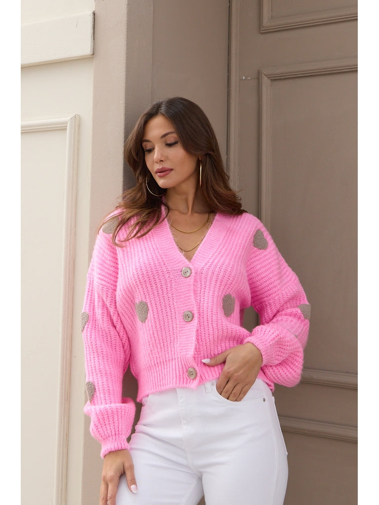 Pembe Kalp Dokulu Örme Hırka