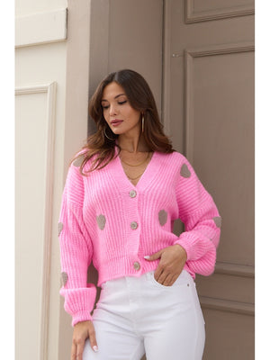 Pembe Kalp Dokulu Örme Hırka