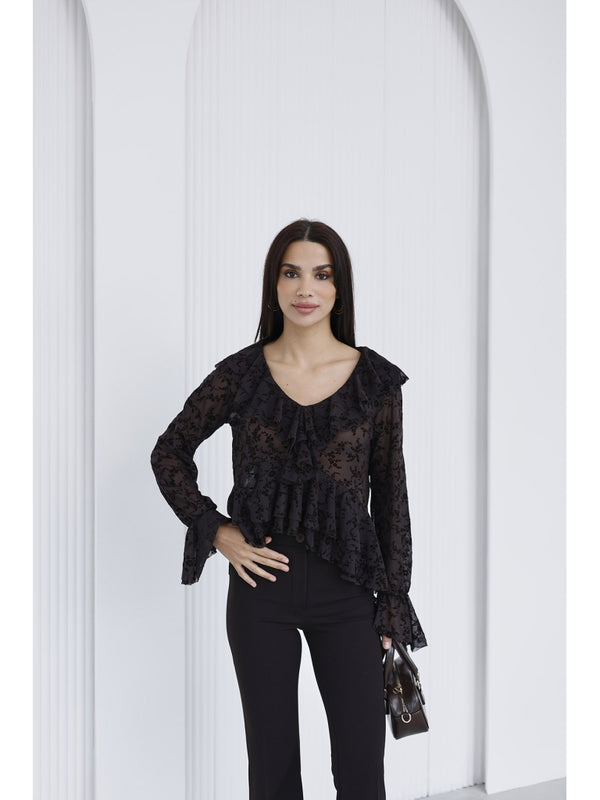 Kahverengi Çiçekli Fırfırlı Tül Bluz 1110-Kahverengi