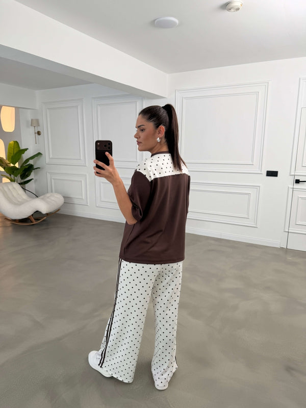 Kahve Puantiye Fularlı Biyeli Takım 4145-Kahve